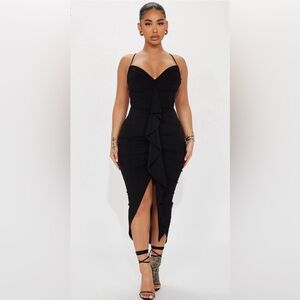Fashion Nova Gloria Elegant Black Ruffle Midi Dress